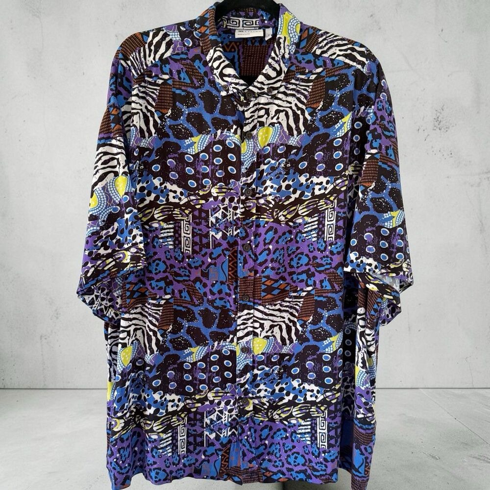 Men's Asos Button Front Art Abstract Leopard Animal Print Shirt 2XL Viscose XXL